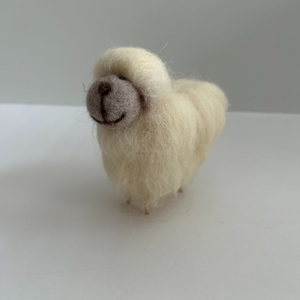 Vintage Sheep Needle Felted fluffy wooly Putz style Lamb 5" ht with wooden legs